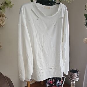 Bibi White Long Sleeve Top Tee Distressed Cut Out